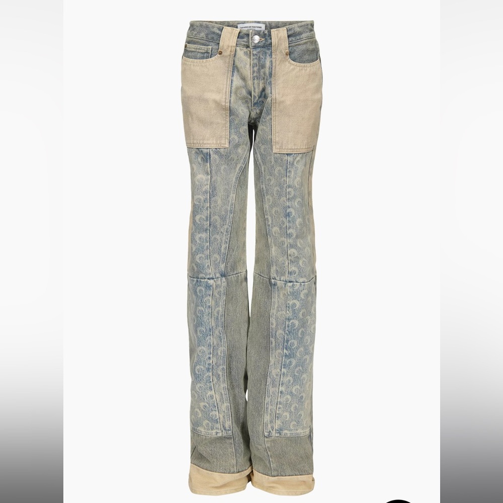 Marine Serre Two-Tone Denim Flare Jeans in Blue and Cream